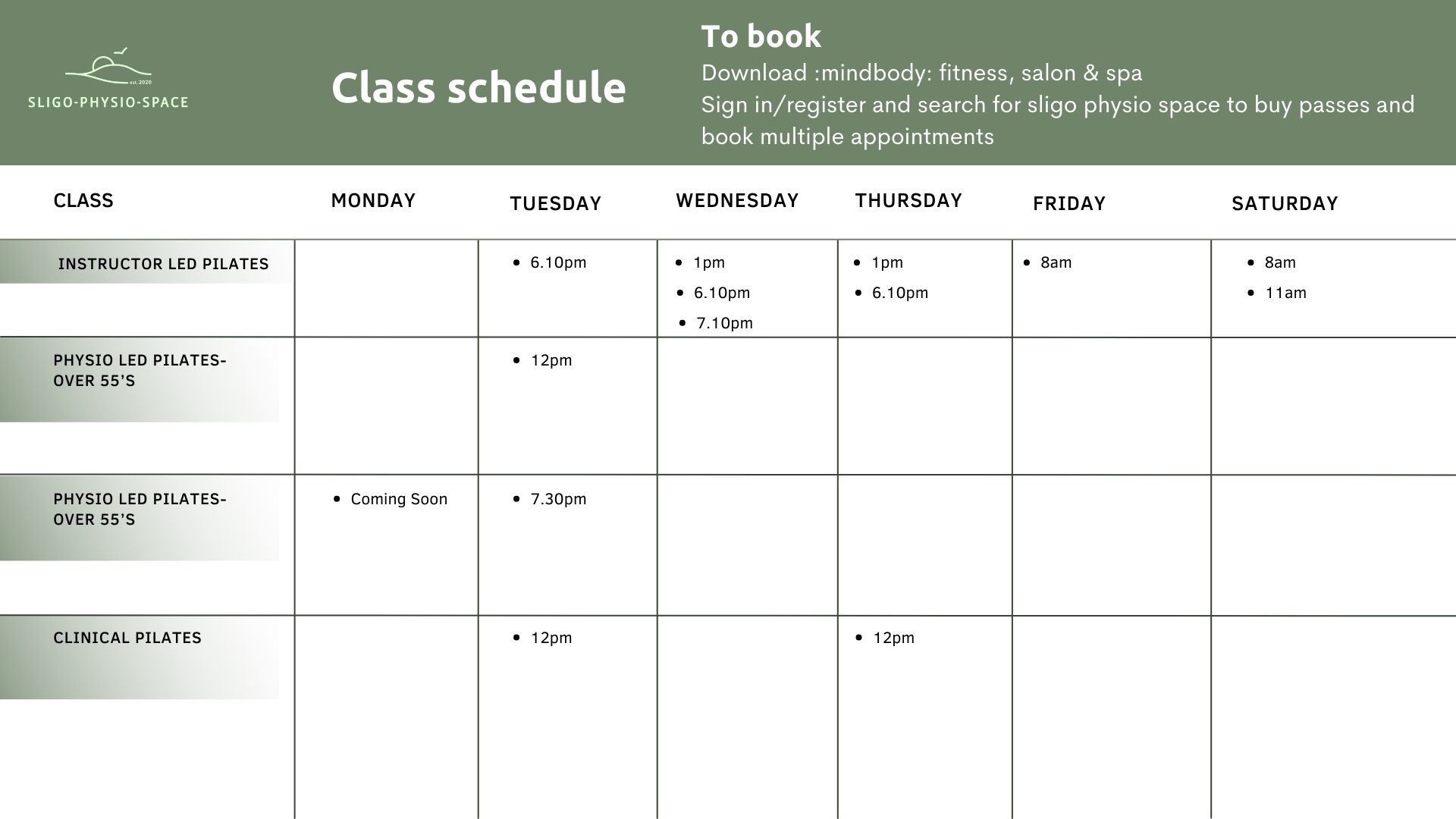Pilates Class schedule at Sligo Physio Space